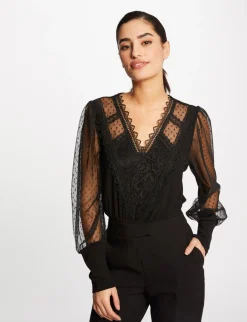 Tops Et T-Shirts>Morgan T-Shirt Manches Longues Avec Plumetis Femme | Noir