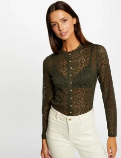 Tops Et T-Shirts>Morgan T-Shirt Manches Longues En Dentelle Vert Fonce Femme | Vert_Fonce