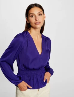 Chemises Et Blouses>Morgan T-Shirt Manches Longues Satin Bleu Moyen Femme | Bleu_Moyen