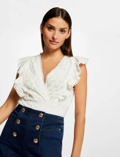 Tops Et T-Shirts>Morgan T-Shirt Volants Et Broderie Anglaise Femme | Ecru